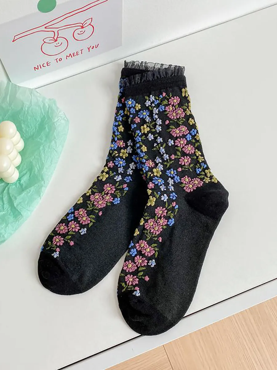 5 Pairs Women Vintage Floral Lacework Socks