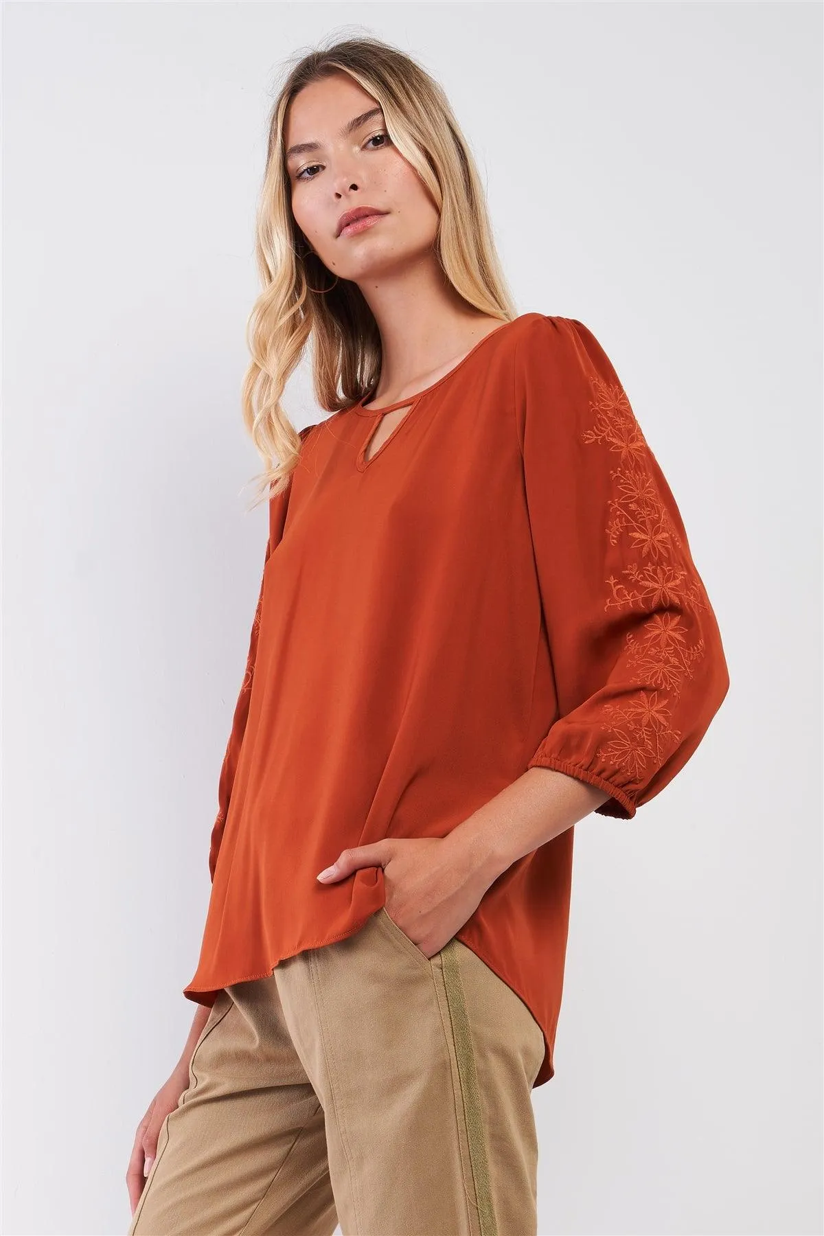 Autumn Red Boho Embroidery Trim Balloon Sleeve Relaxed Blouse Top /2-2-1