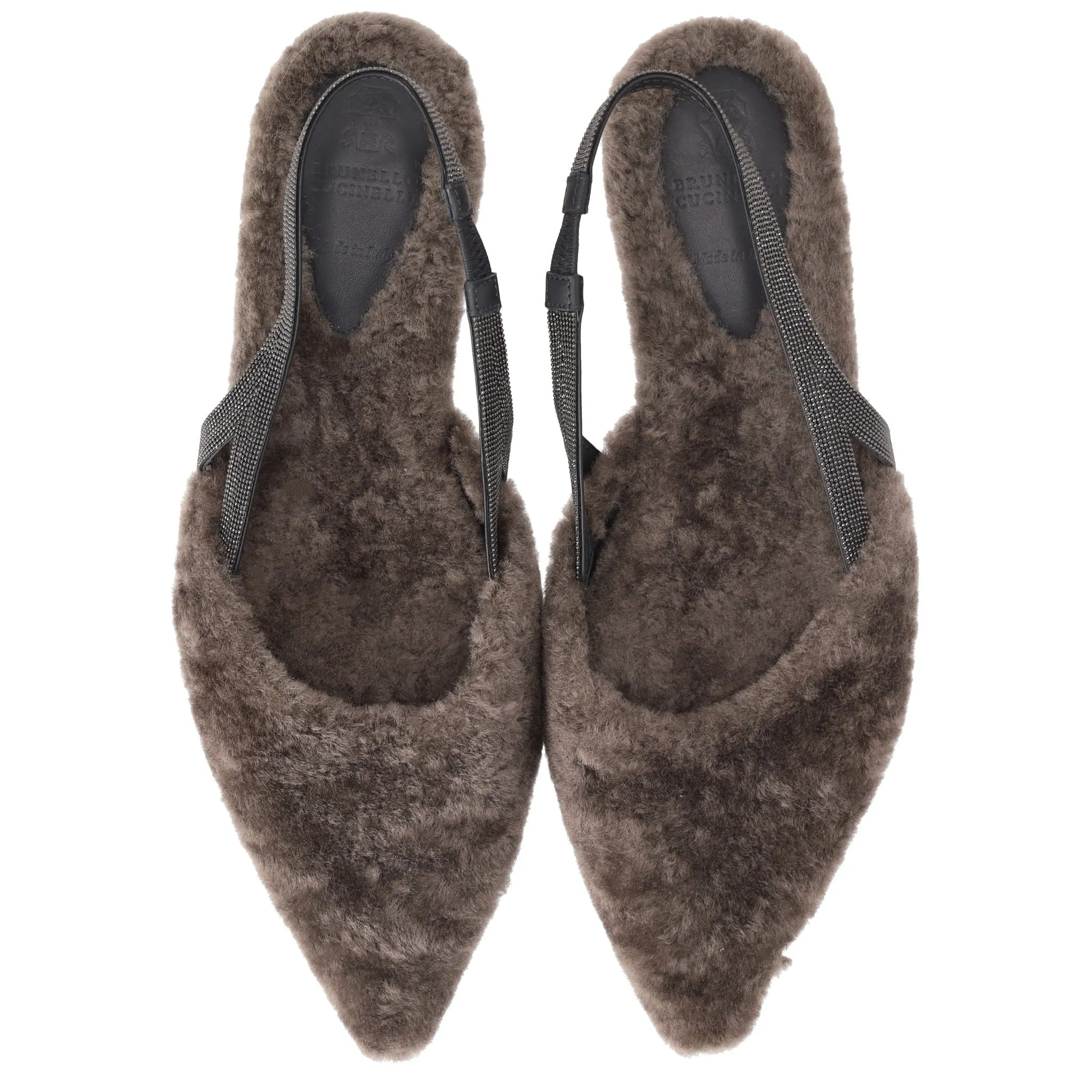 Brunello Cucinelli Embellished Shearling Slingback Flats. Size 41