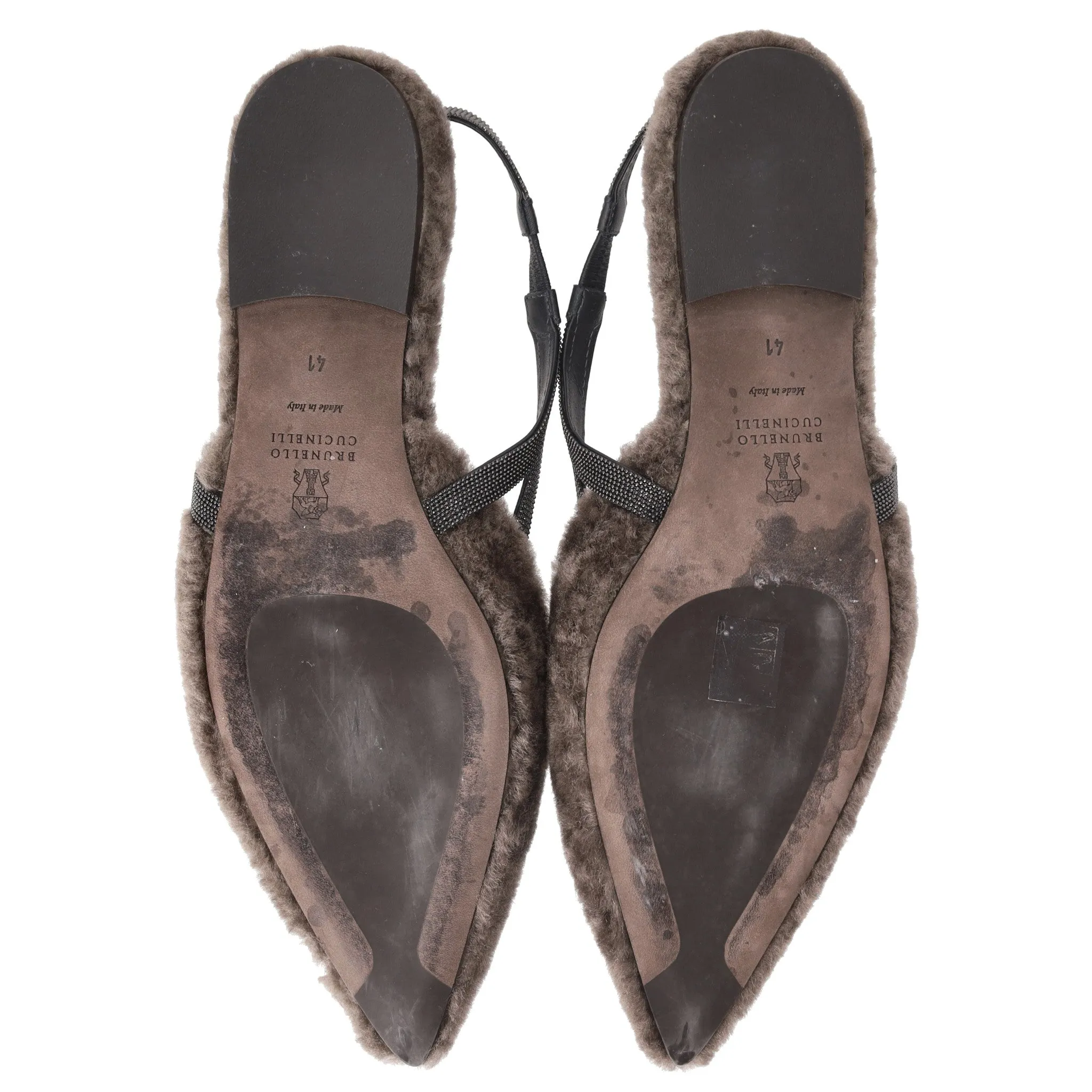 Brunello Cucinelli Embellished Shearling Slingback Flats. Size 41