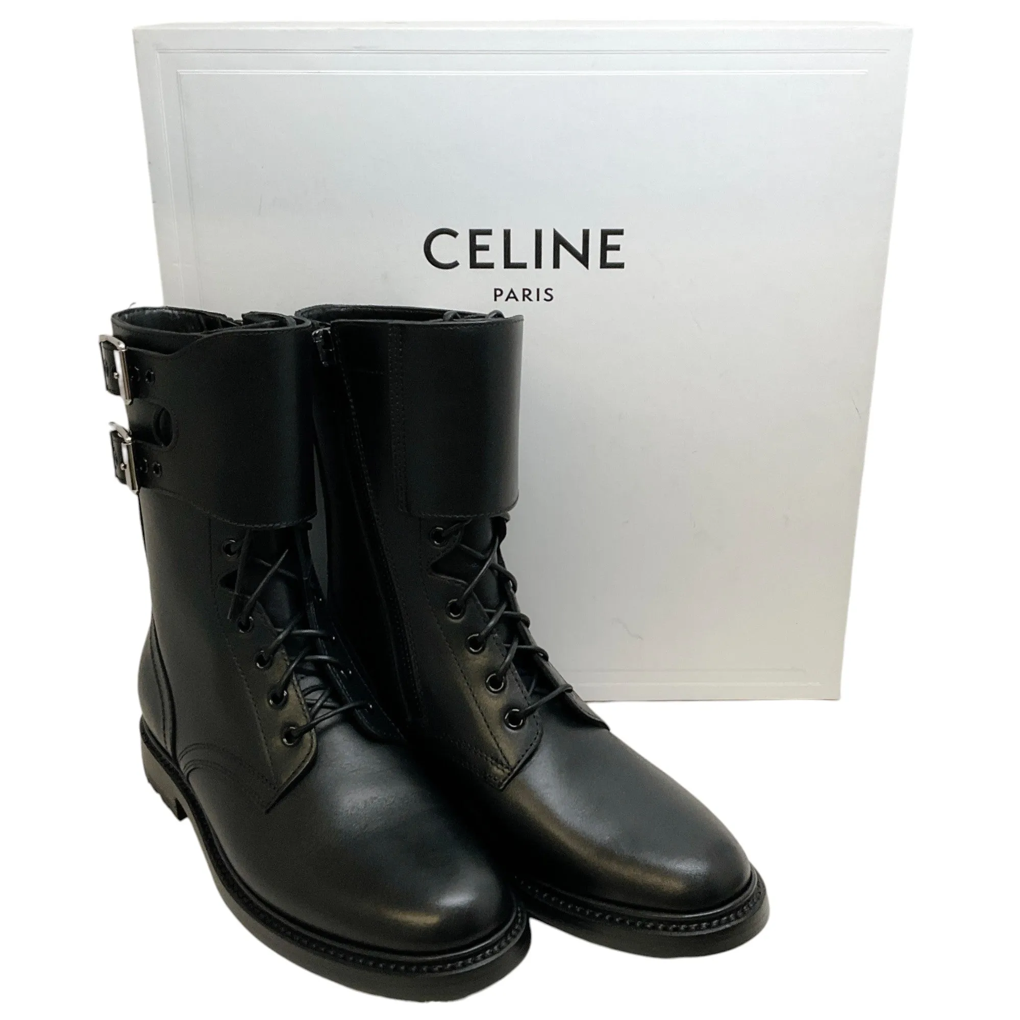 Celine Black Leather Ranger Lace Up Boots with Buckle Cuff