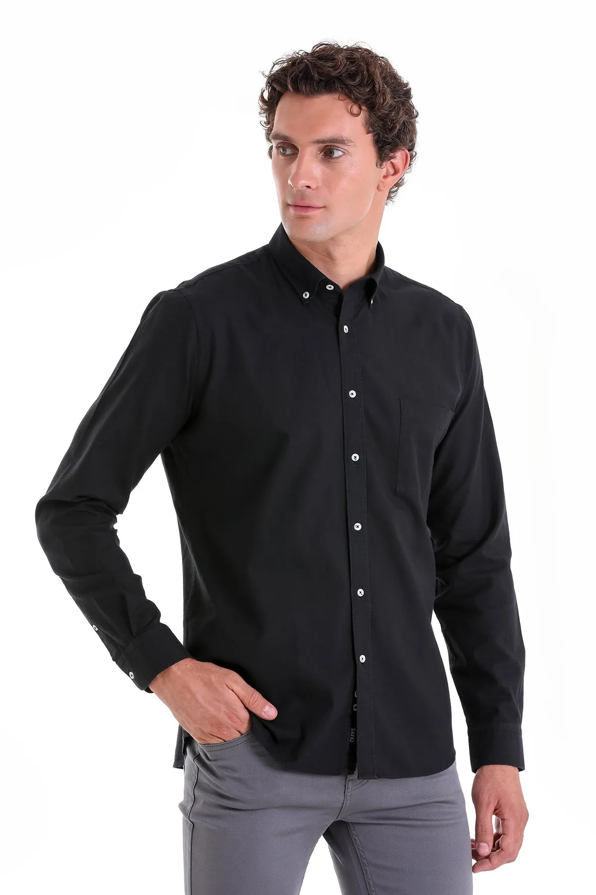 Comfort Fit Long Sleeve Oxford Cotton Black Casual Shirt