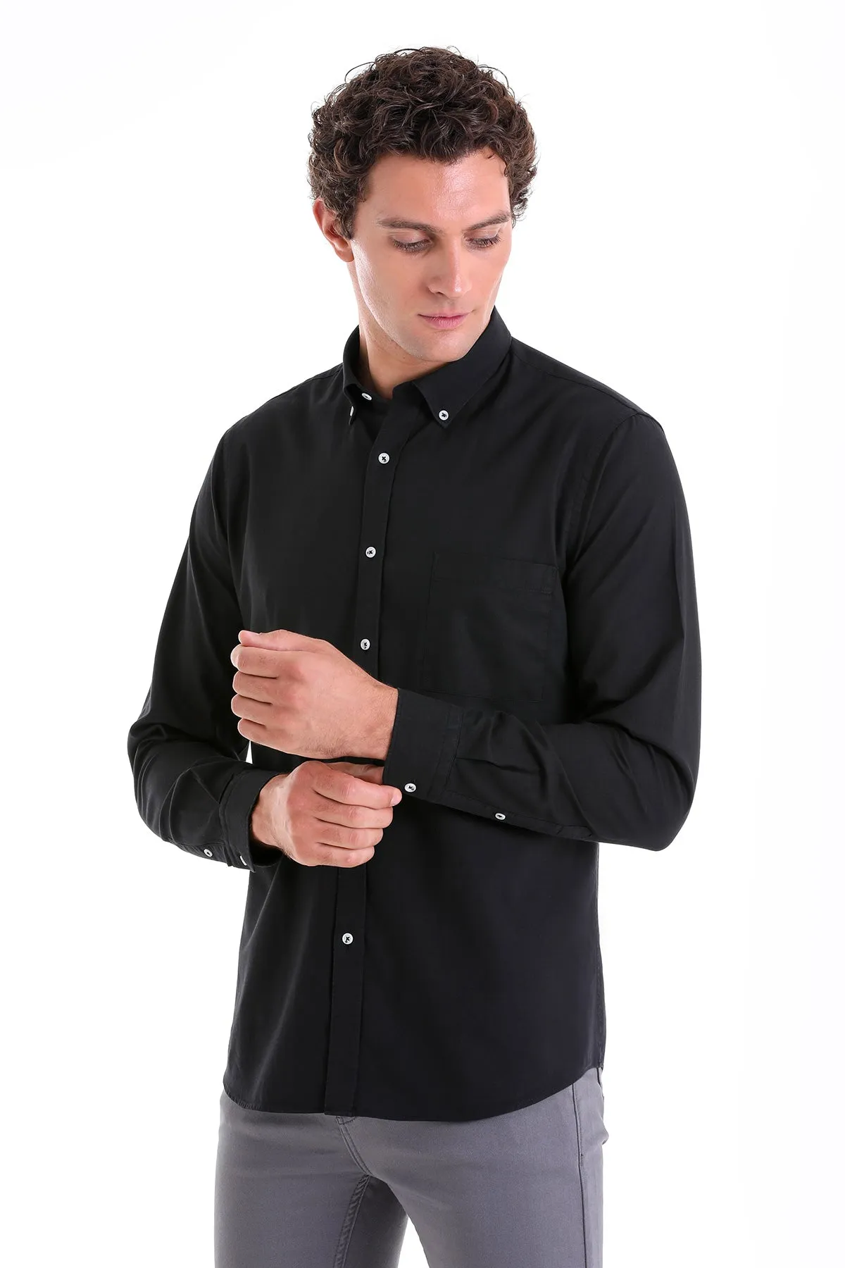 Comfort Fit Long Sleeve Oxford Cotton Black Casual Shirt