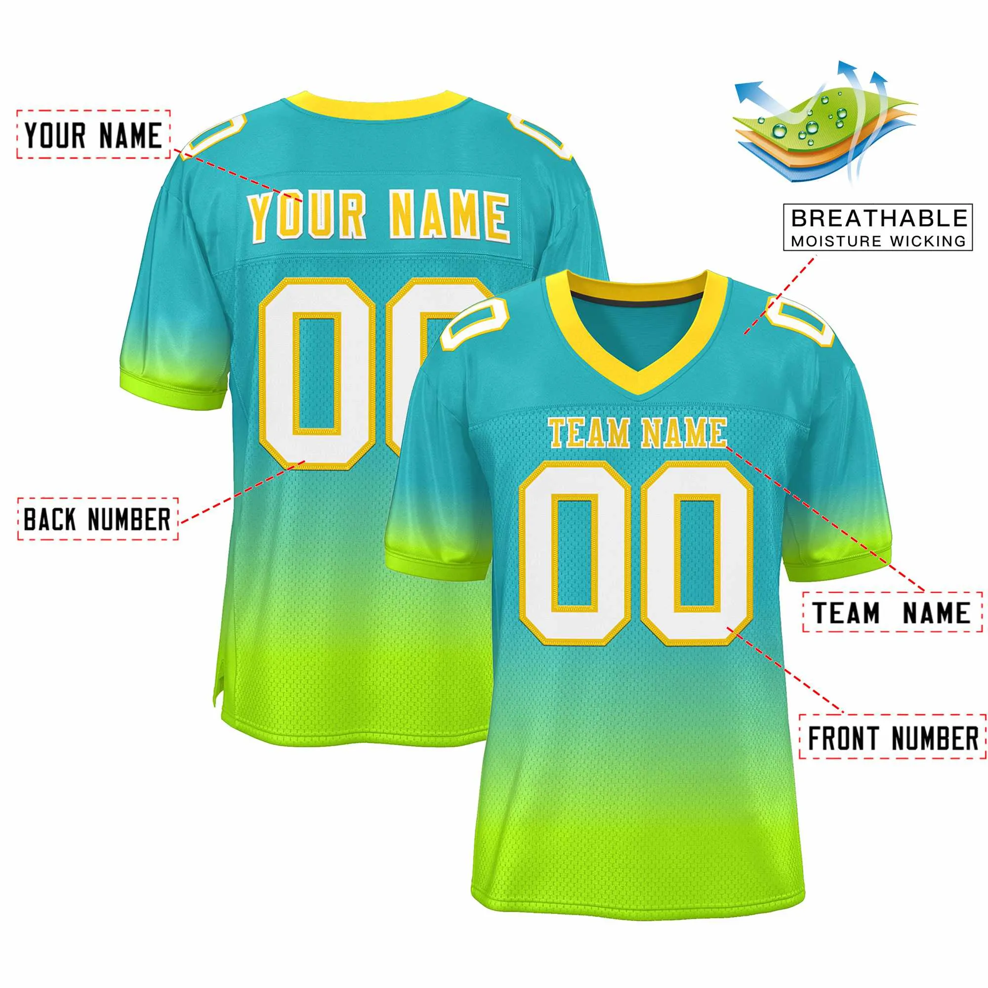 Custom Aqua Neon Green-White Gradient Fashion Personalized Team Football Jersey