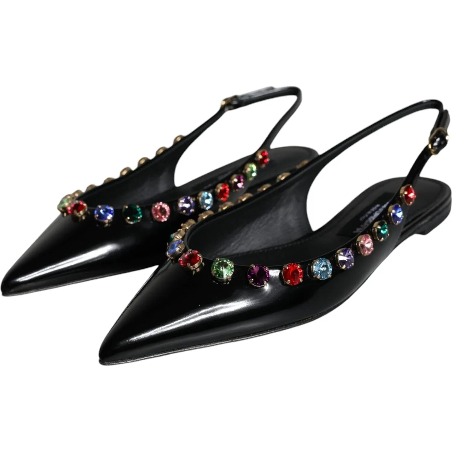 Dolce & Gabbana Black Leather Crystal Flats Slingback Shoes