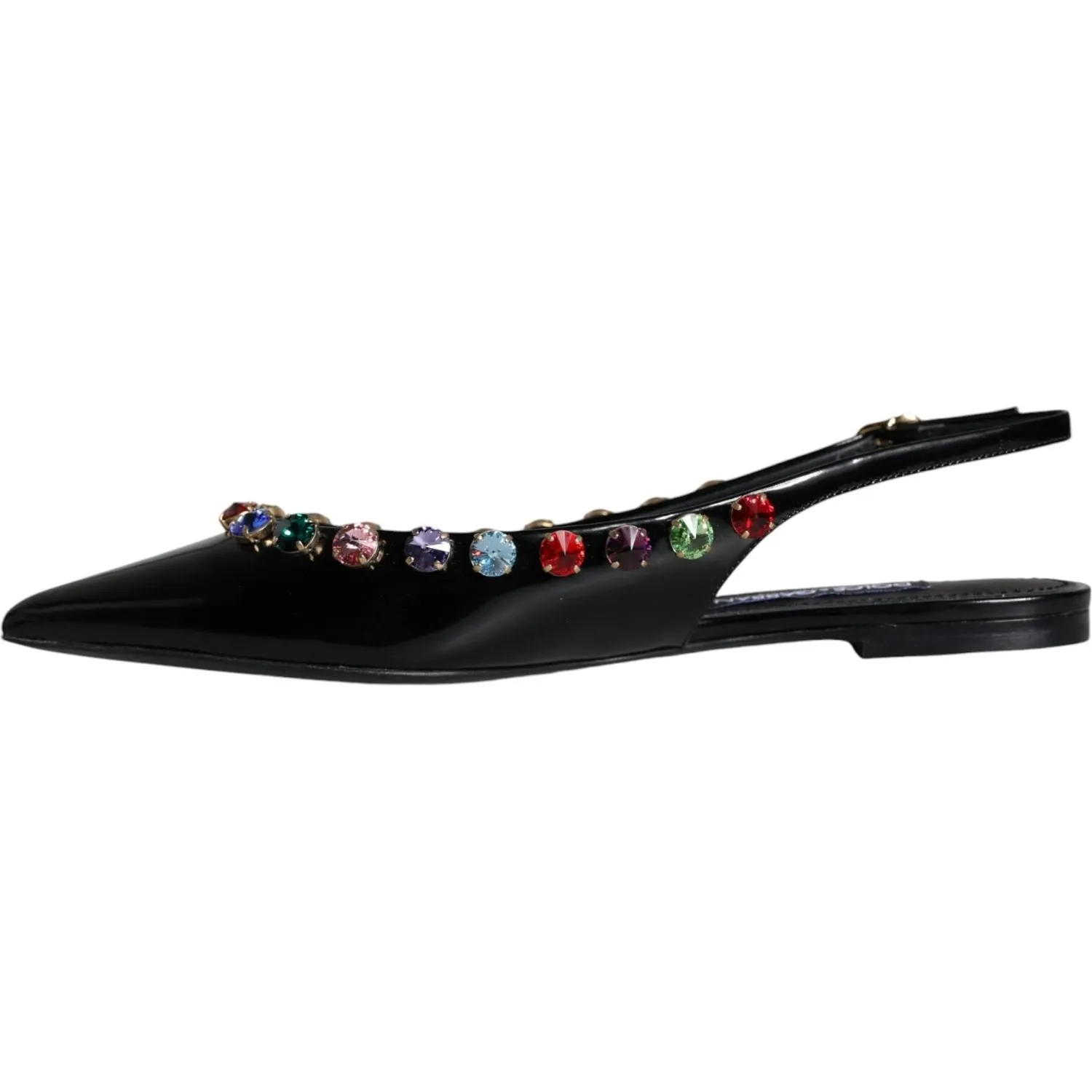 Dolce & Gabbana Black Leather Crystal Flats Slingback Shoes