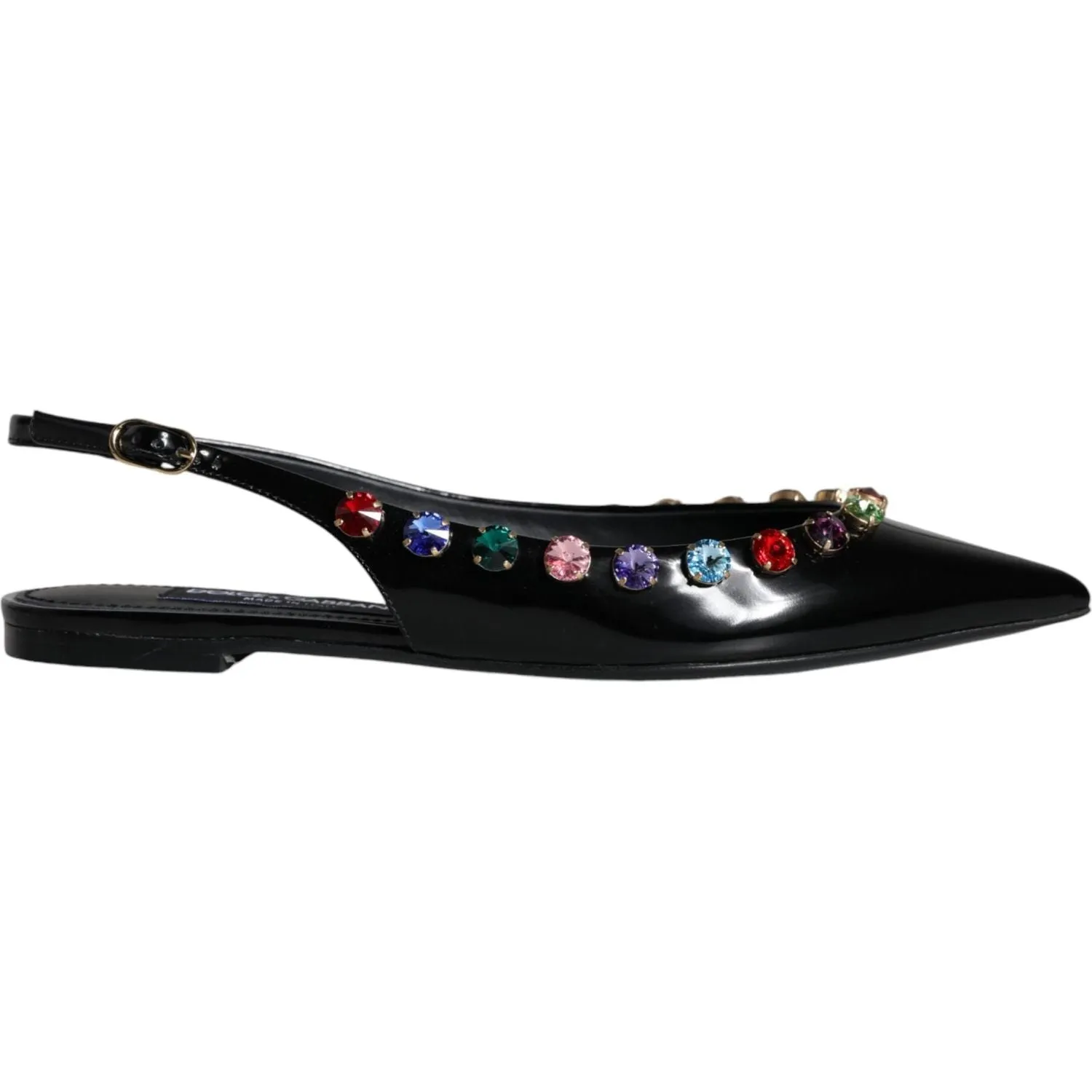 Dolce & Gabbana Black Leather Crystal Flats Slingback Shoes