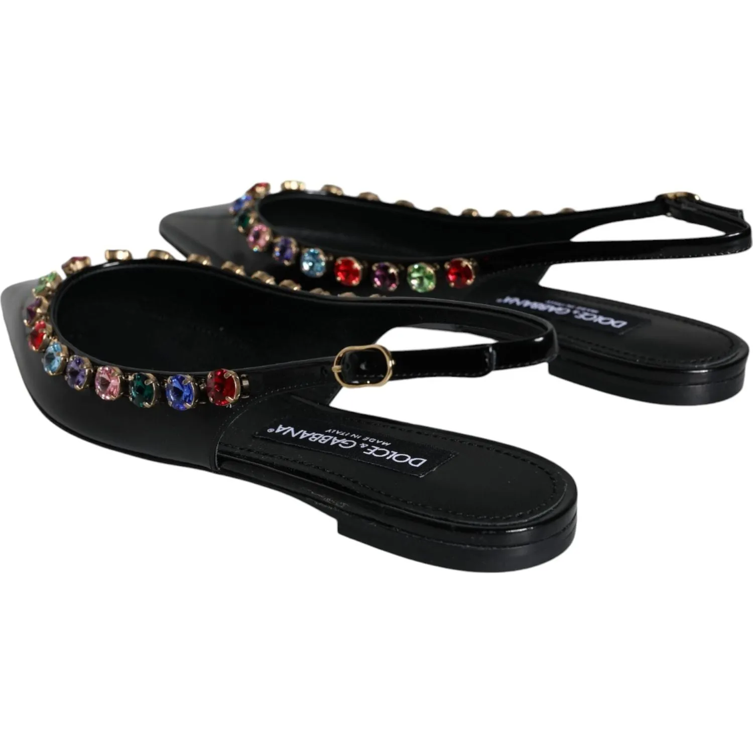 Dolce & Gabbana Black Leather Crystal Flats Slingback Shoes