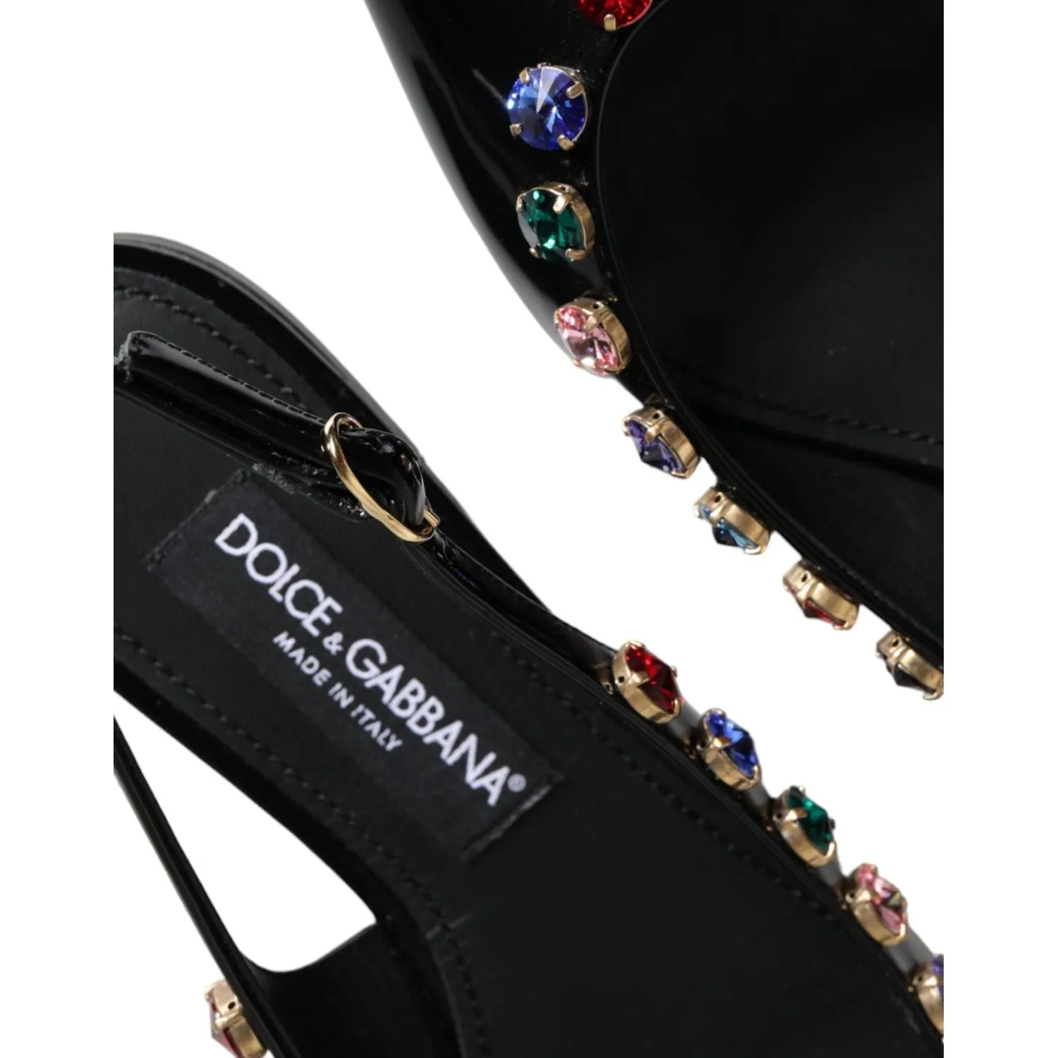 Dolce & Gabbana Black Leather Crystal Flats Slingback Shoes