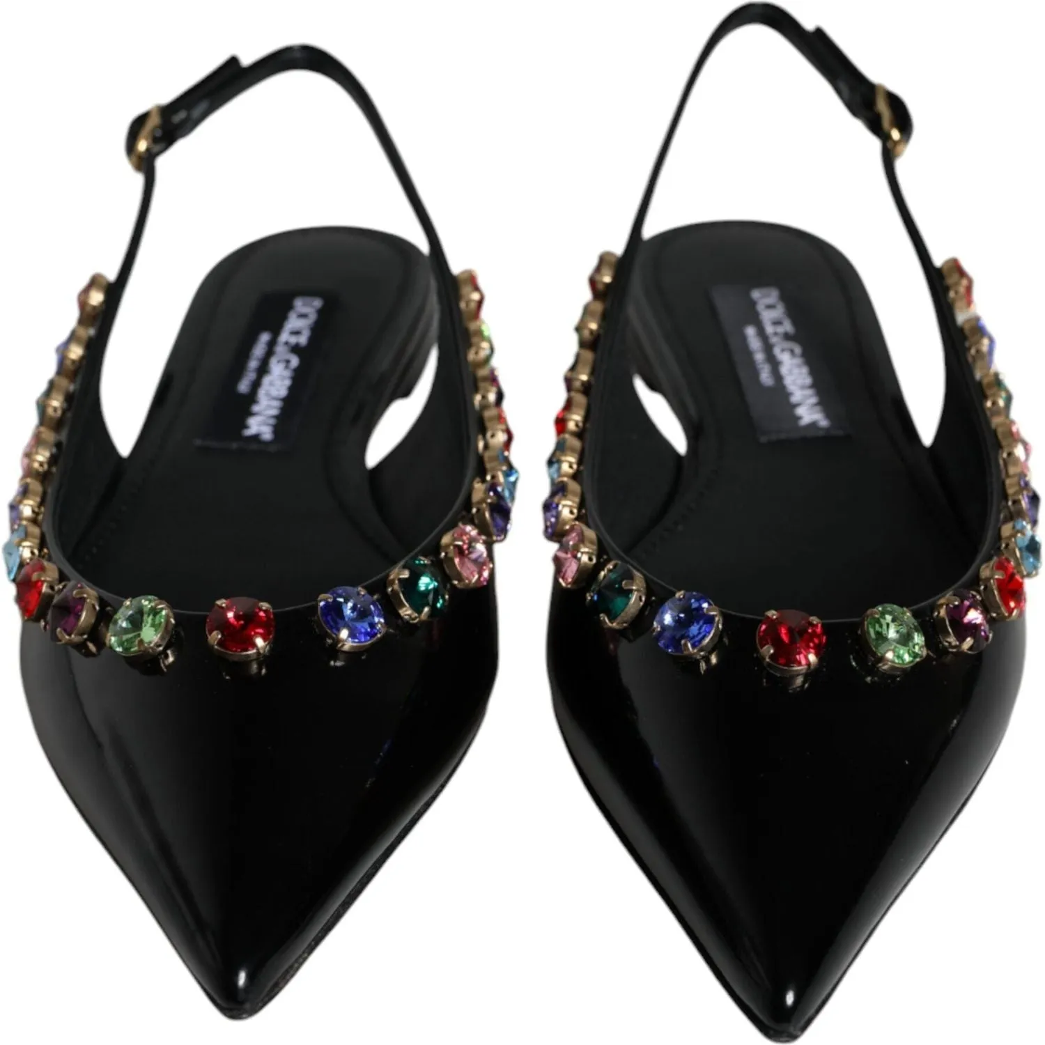 Dolce & Gabbana Black Leather Crystal Flats Slingback Shoes