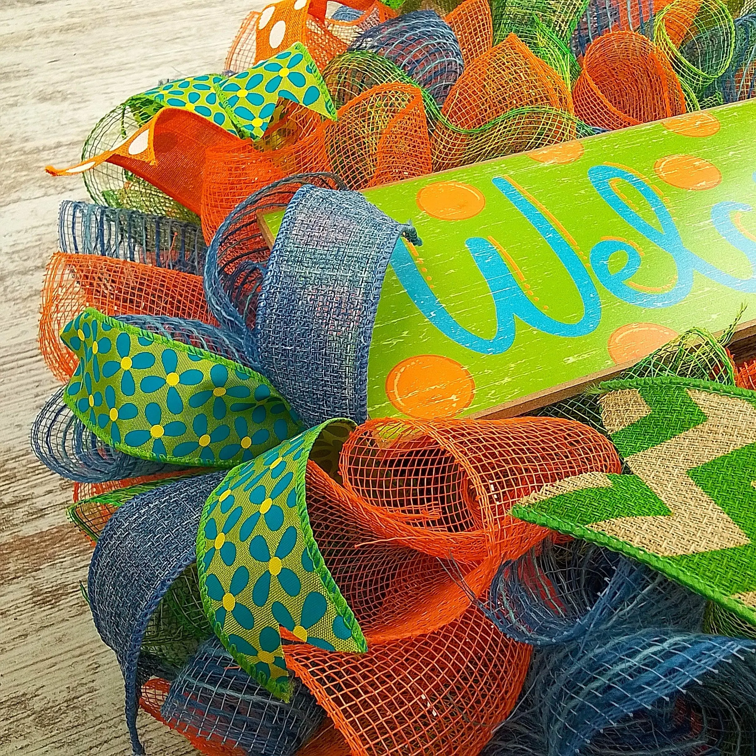 Green Summer Spring Welcome Deco Mesh Wreath | Orange Lime Green Denim Blue Jean Blue