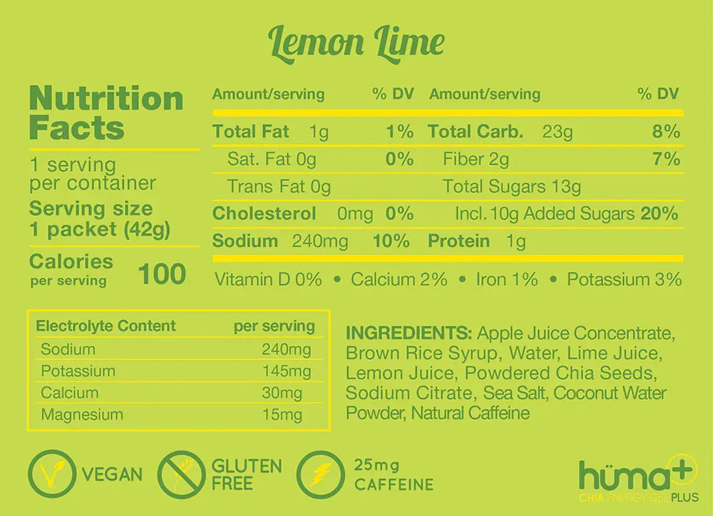 Hüma - Lemons & Limes Caffeinated Energy Gel Plus