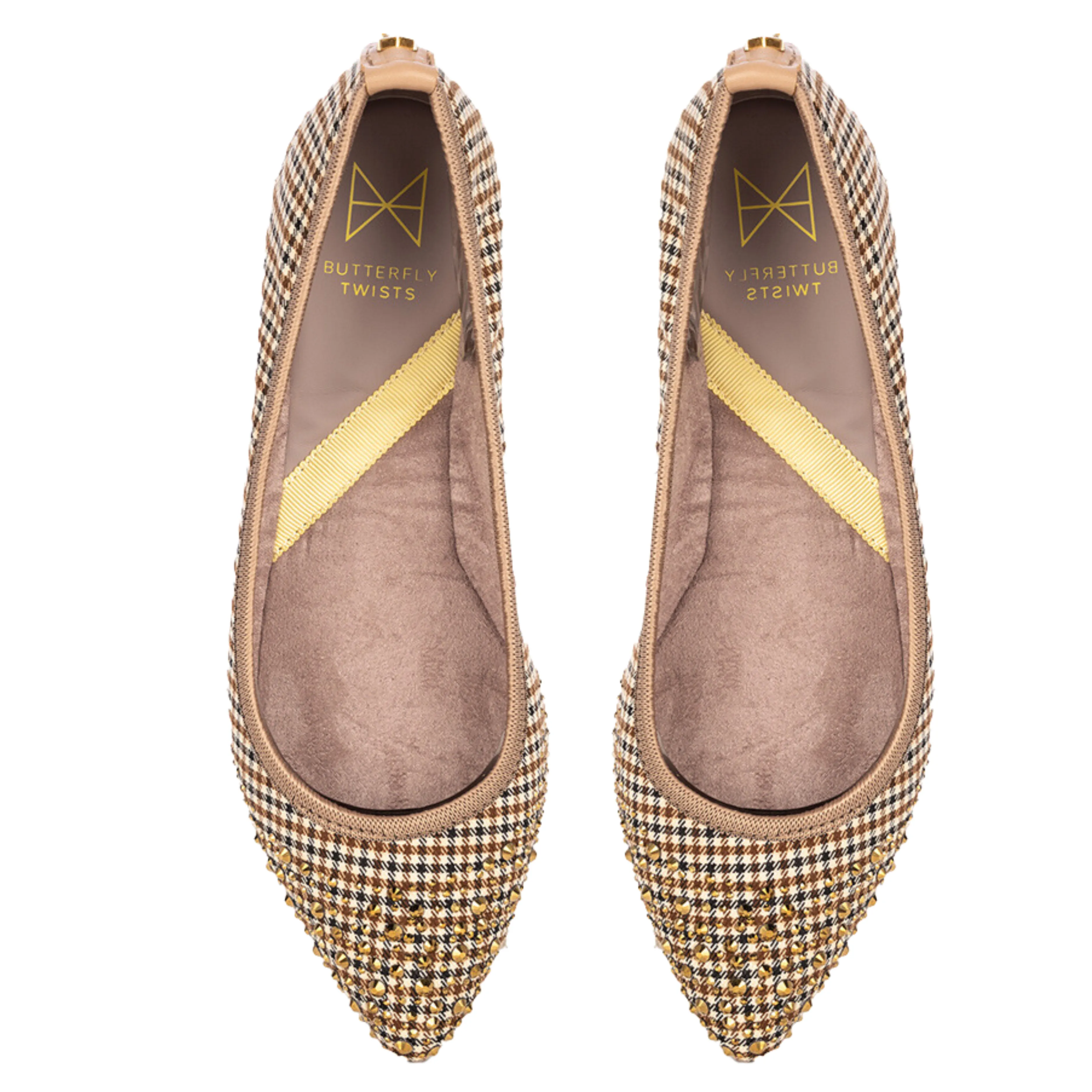 JANEY Ballet Flat Shoes - Brown/Tan Check W/ Crystals