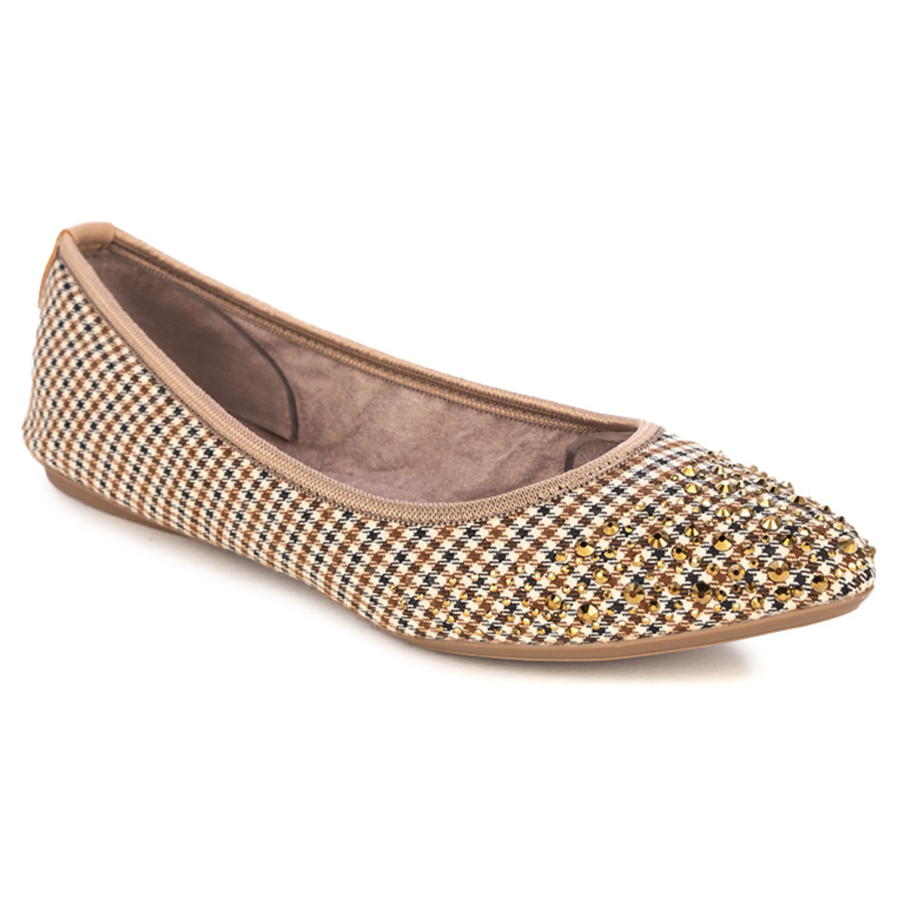 JANEY Ballet Flat Shoes - Brown/Tan Check W/ Crystals