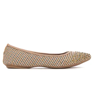 JANEY Ballet Flat Shoes - Brown/Tan Check W/ Crystals