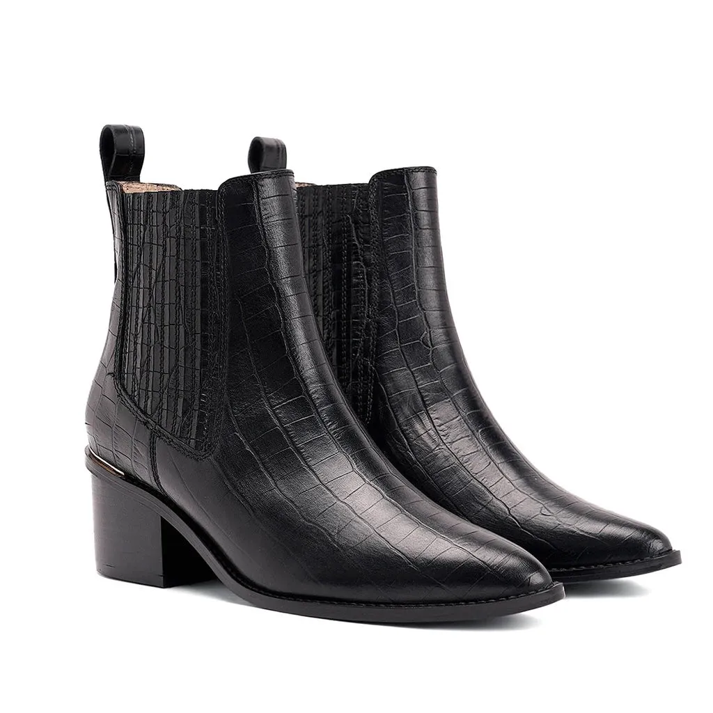 Saint Ilaria Black Croco Print Leather Ankle Boots