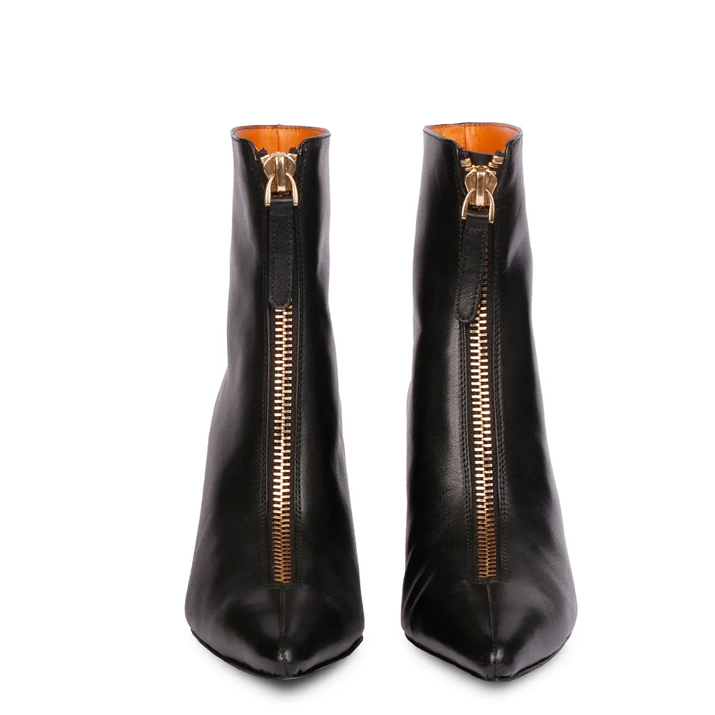 Saint Rose Black Leather Front Zipper Pointed Toe Heel Boots