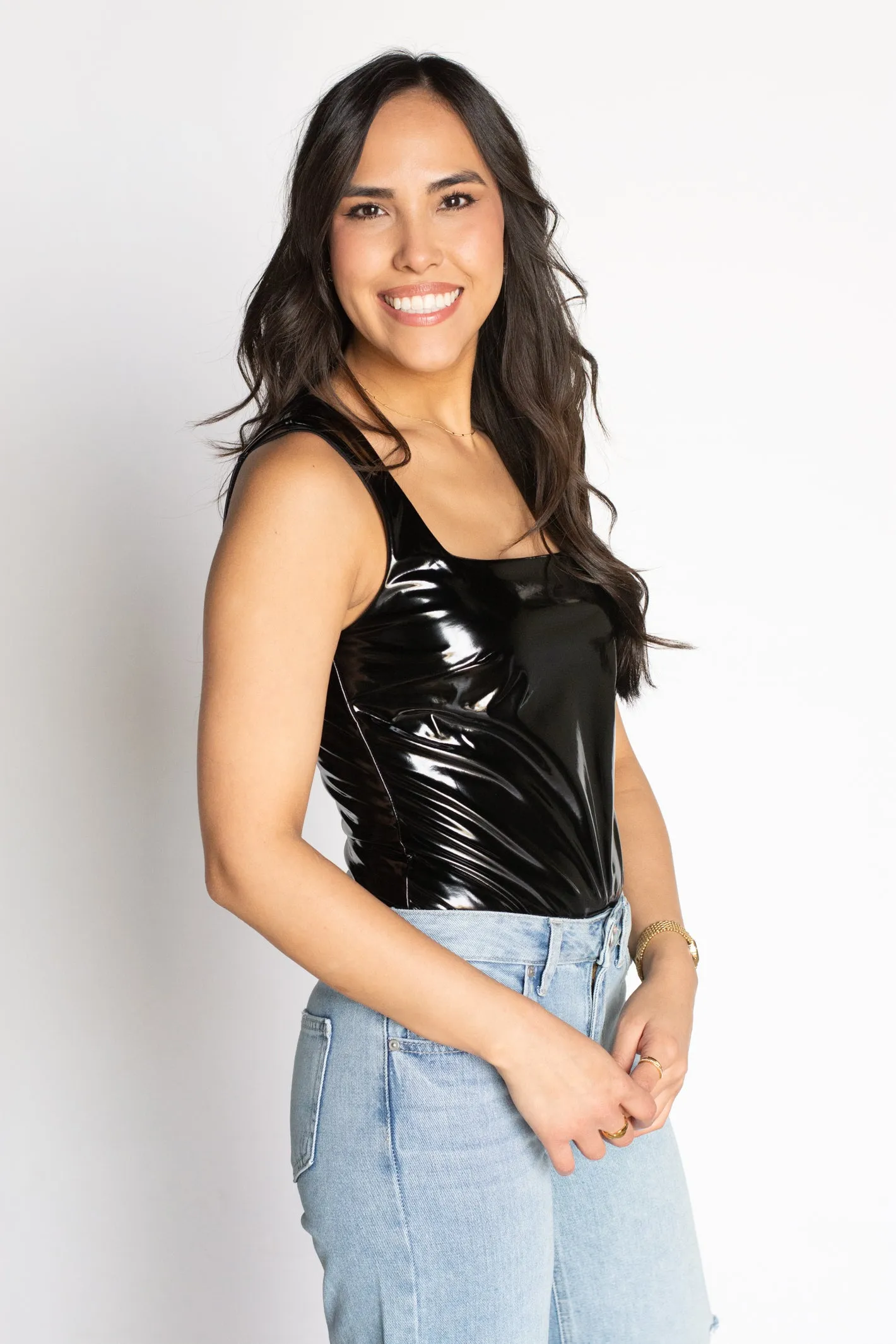 Staying Optimistic Black Faux Leather Bodysuit