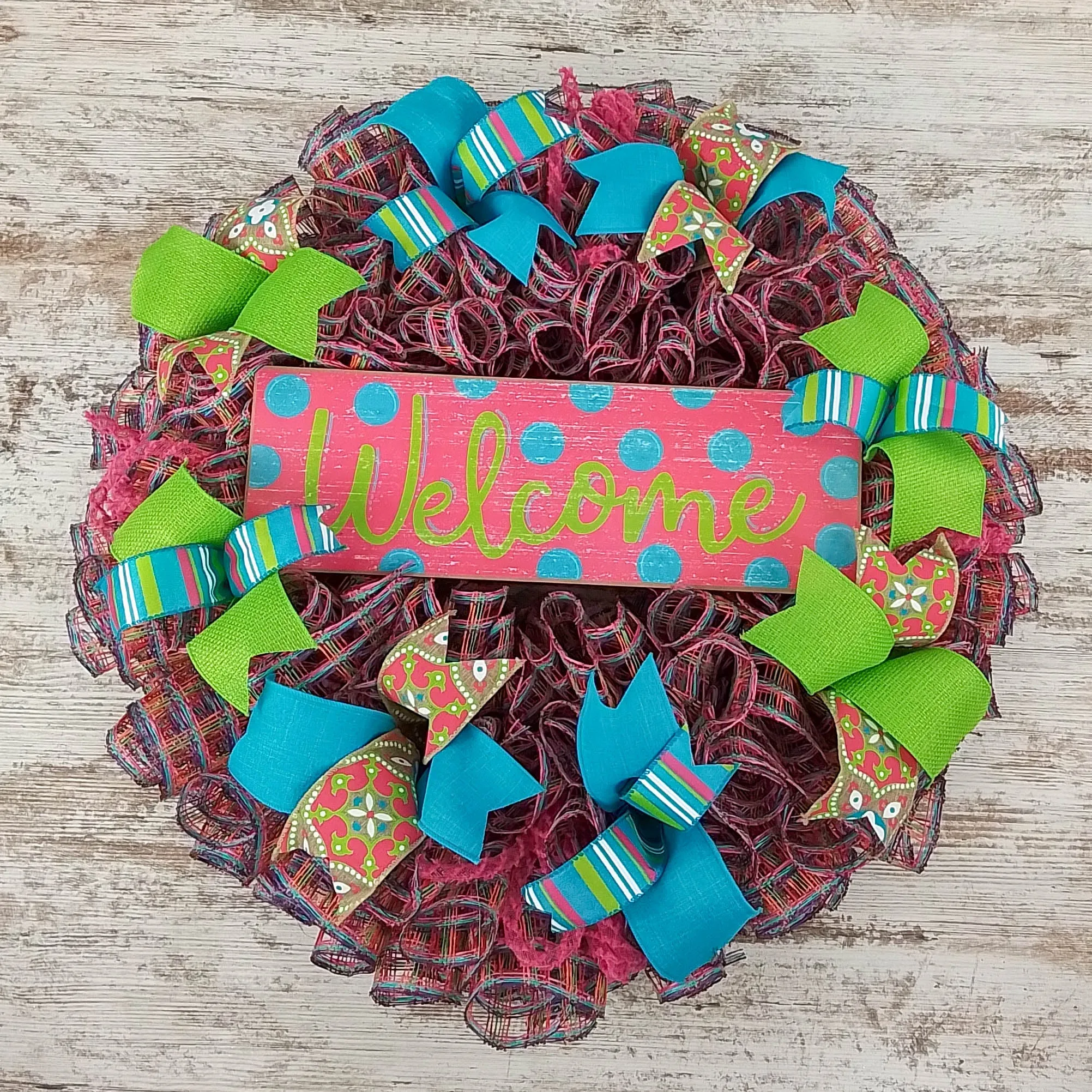 Summer Spring Welcome Door Wreath - Burlap Mothers Day Gift - Pink Turquoise Lime Green