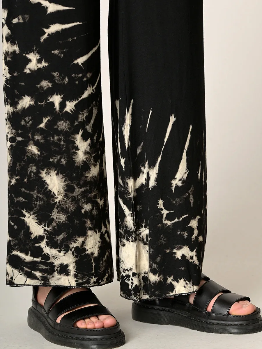 Tie Dye Elasticated Waist Stretchy Palazzo - Black & Cream