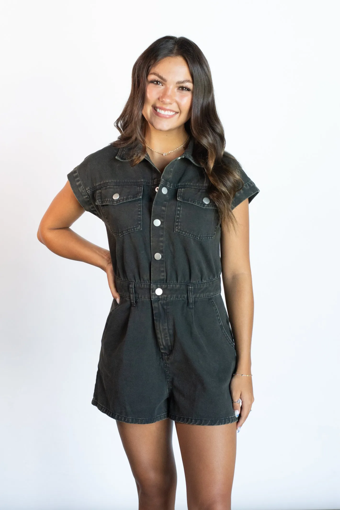 Where it Ends Black Denim Romper