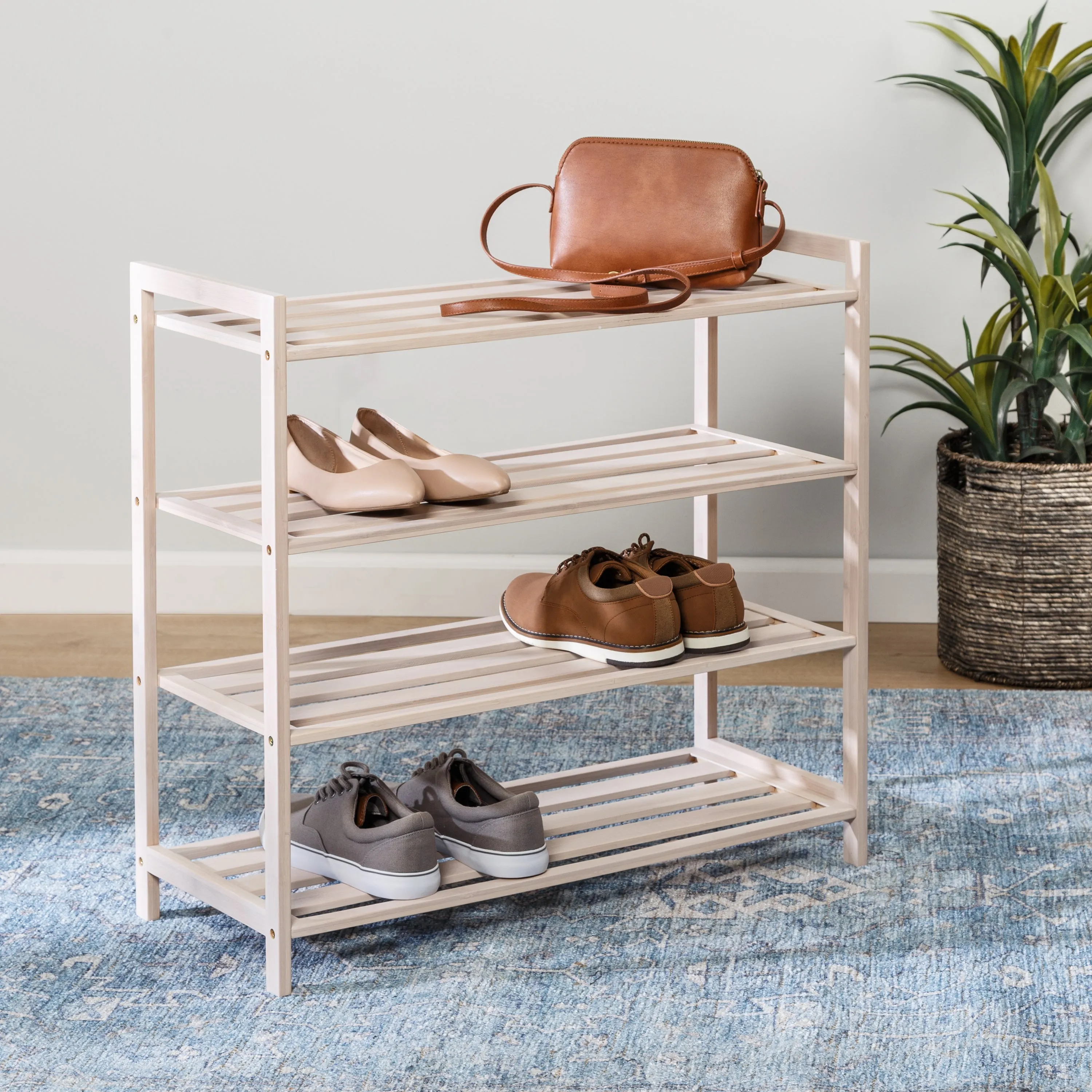 White Wash 4-Tier Bamboo Shoe Rack