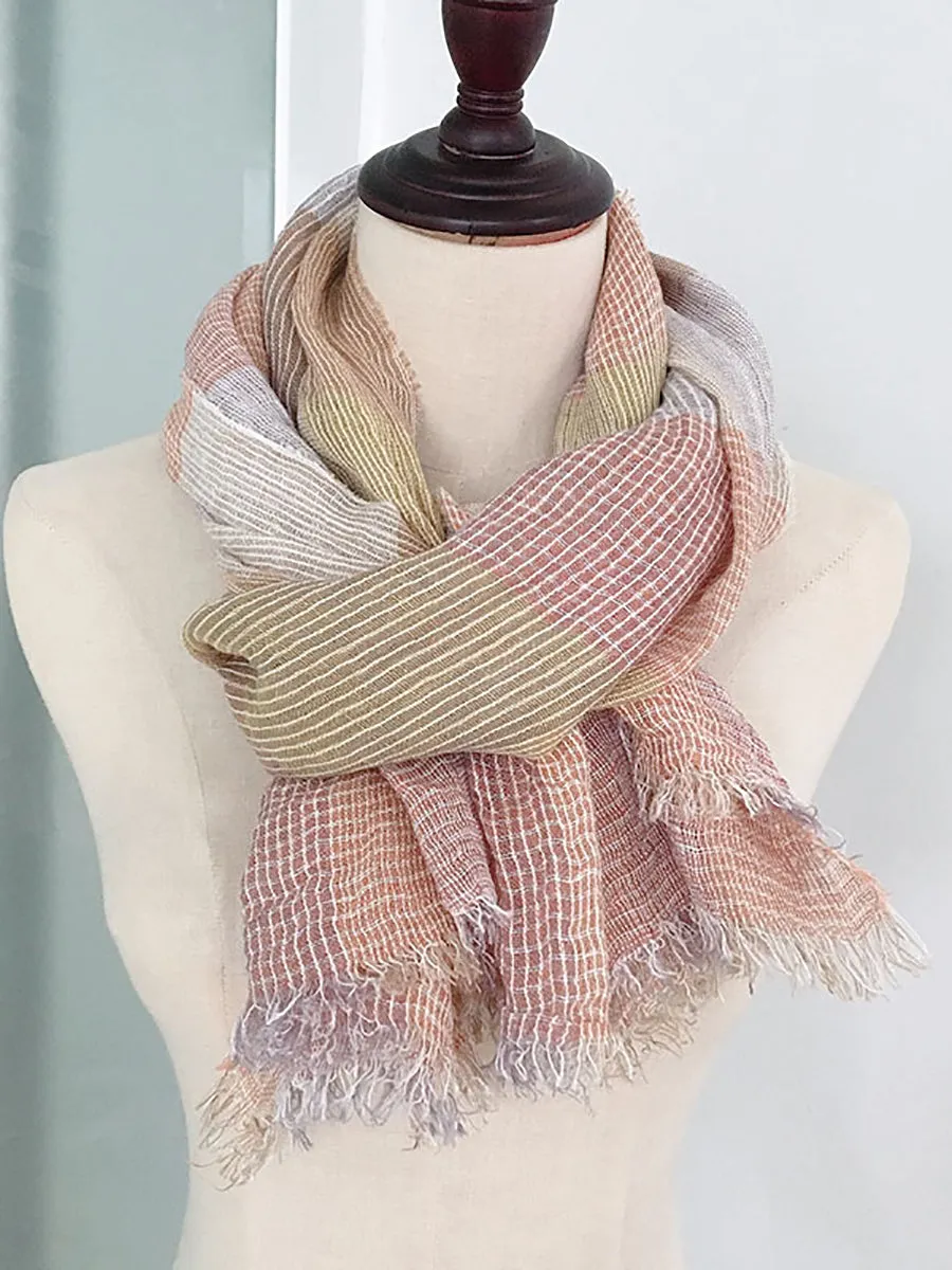 Women Artsy Summer Plaid Tassel Thin Scarf