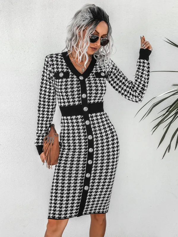 Womens Button Up Bodycon Retro Checkered Knit Dress With Long Sleeves