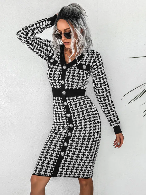 Womens Button Up Bodycon Retro Checkered Knit Dress With Long Sleeves