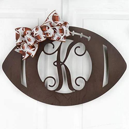 Wooden Sports Football Monogram Initial Letter Outdoor Front Door Hanger with Bow