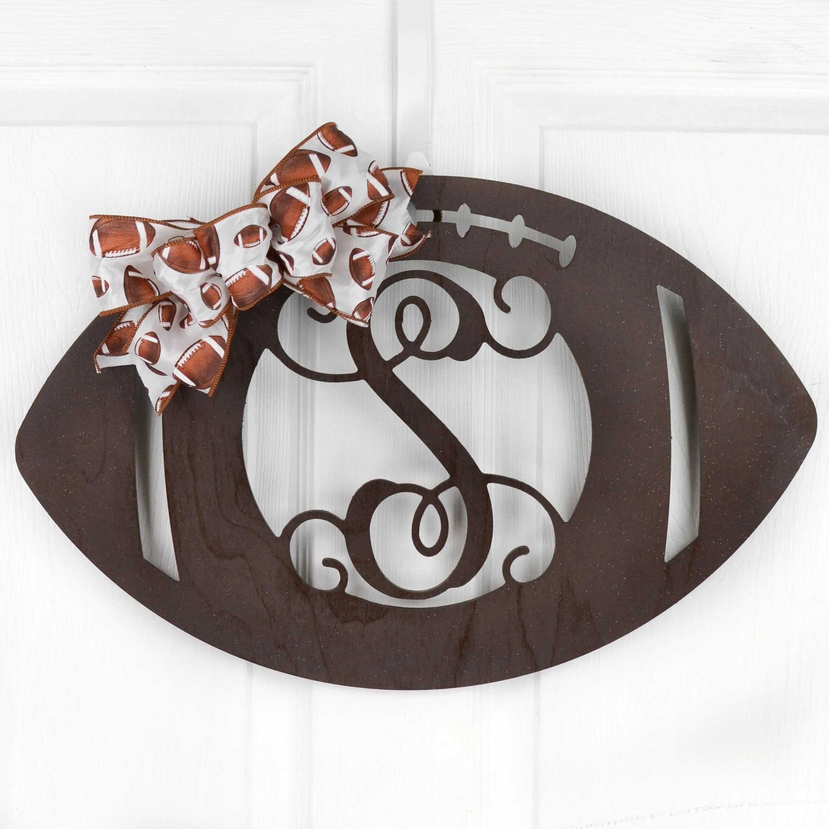 Wooden Sports Football Monogram Initial Letter Outdoor Front Door Hanger with Bow