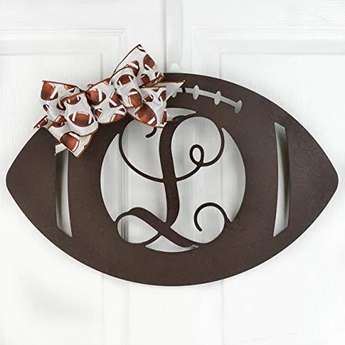 Wooden Sports Football Monogram Initial Letter Outdoor Front Door Hanger with Bow