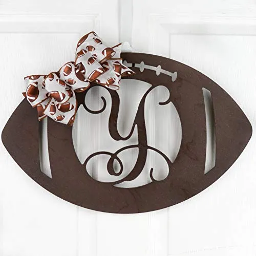 Wooden Sports Football Monogram Initial Letter Outdoor Front Door Hanger with Bow