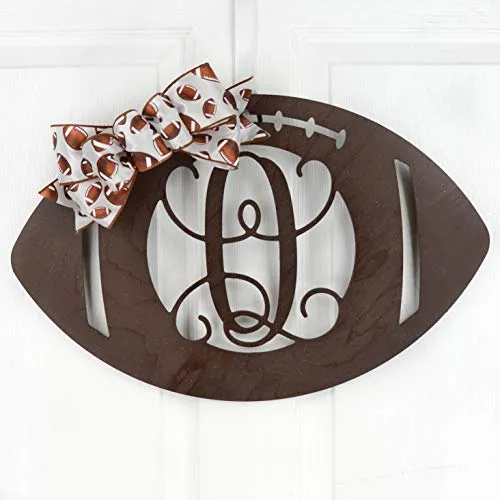 Wooden Sports Football Monogram Initial Letter Outdoor Front Door Hanger with Bow