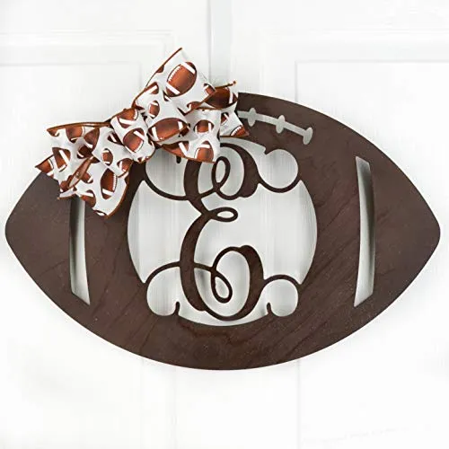 Wooden Sports Football Monogram Initial Letter Outdoor Front Door Hanger with Bow